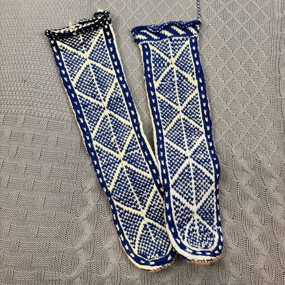 Vintage Blue and Cream Wool & Leather Hand Knit Slipper Socks ~ Small - Picture 2 of 11